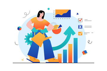 Concept Business grow with people scene in the flat cartoon design. Woman make maximum efforts to observe the growth of her business.