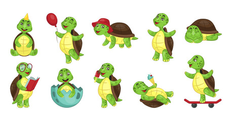 Cute walking turtle, tortoise activities. Happy biology wildlife, green zoo animals in different poses, nature comics. Reptile mascot, happy character vector tidy cartoon isolated illustration