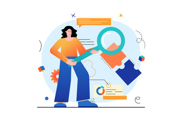 Concept Searching opportunities with people scene in the flat cartoon design. Woman is looking for opportunities on the Internet to realize her ideas.