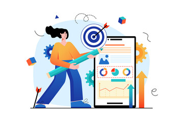 Business target concept with people scene in the flat cartoon design. Employee Thinks about where it is easier to concentrate the company's forces.