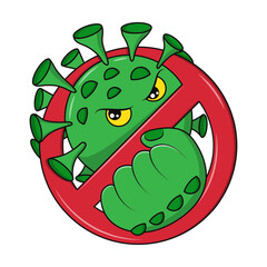 Stop corona virus cute logo. Monster and bacteria characters. Coronavirus sign. Healthcare protection. Crossed circle. Angry microbe. 2019-ncov infection. Vector cartoon current icon