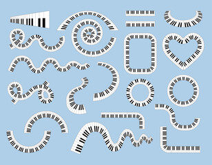 Circle piano keyboard. Jazz music poster. Creative line shapes set. Retro rhythm art. Party or concert sign. Pianoforte semicircles and border figures. Vector flat current illustration © Natalia