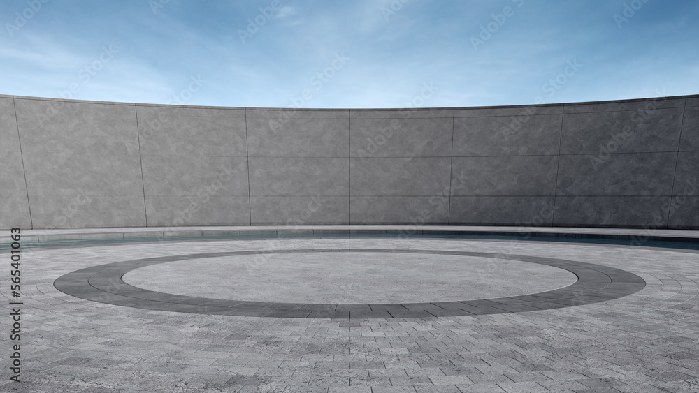 Poster empty round concrete floor with water canal. 3d rendering of abstract space with blue sky background