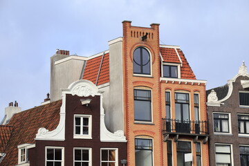 Amsterdam Singel Canal House Facades with Different Gables Close Up, Netherlands