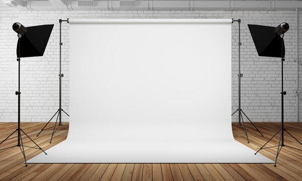 Photo studio room with white background banner