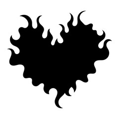 Black fire heart silhouette in gothic style. Heart for Halloween or Valentines Day. Vector illustration isolated on white background.