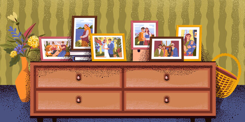 Photo frames. Family portraits. Happy parents with child and granny. Pictures on commode. Home interior. Husband and wife snapshots. Photography frameworks. Vector exact illustration