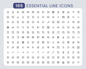 Set of line icons. 150 essential icons. Big Collection outline Icon. Mobile and Web UI Icon Set. Essential user interface icon pack. Seamless Icons Pack.