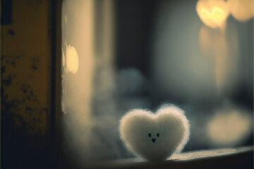Valentine's day theme. Small anthropomorphic white heart. Created with Generative AI technology