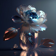 Glass peony in a glass on a black background, flower. Generative AI