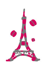 Element for web design template - picture PNG. Gray eiffel tower with pink spots and macarons.