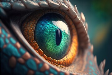 Dragon eye. Fantasy monster looking. Macro photography of creature. Realistic colorful eye of evil dinosaur beast. AI