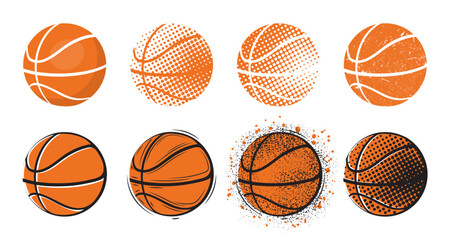 Basketball logo, american ball icons. 3d balloon basket design, orange and white circle signs. Championship logotype. Team textured emblem or label. Vector isolated current illustration