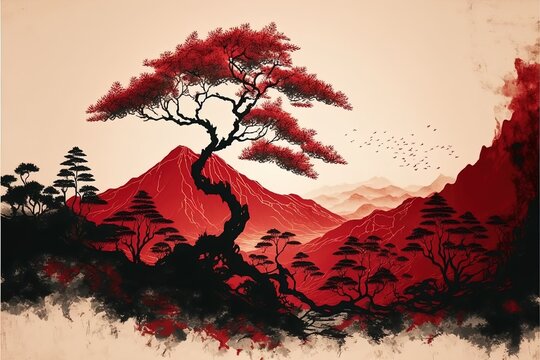 Traditional Chinese painting. Red landscape. Painting of hills, trees on textured paper. AI