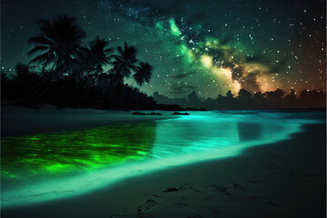 Obraz na płótnie Canvas Tropical island at night with palm trees and galaxy sky — Generative AI