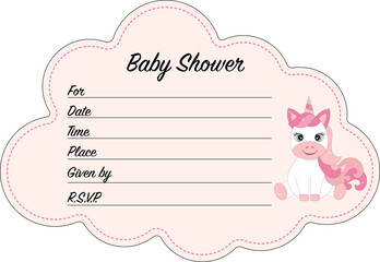 Vector illustration of an invitation to a baby shower in the form of a cloud with a unicorn.