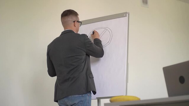 a man on a blackboard traces a real banana around the perimeter with a pencil. High quality Full HD video recording