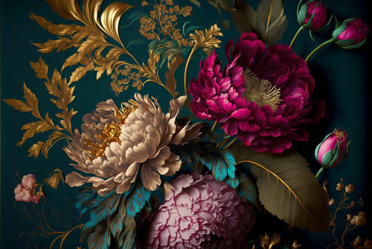 beautiful fantasy vintage wallpaper botanical flower gold loeaf bunch,vintage motif for floral print digital background.generative ai.