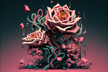 abstract deconstructed pink roses lowbrow pop surrealist style background,generative ai.