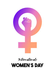 Women's day poster with a gradient female gender symbol and a woman's fist.