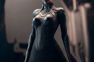 Futuristic battle tested cyborg female delicate curvaceous woman cyborg with almond shaped hazel .generative ai.