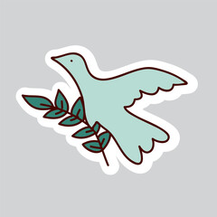 70s styles vector doodle sticker. Flying dove with olive branch.