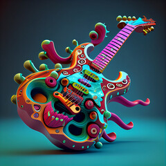 multi-colored guitar on a blue background