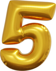 Gold foil alphabet number 5 isolated. 3d rendering