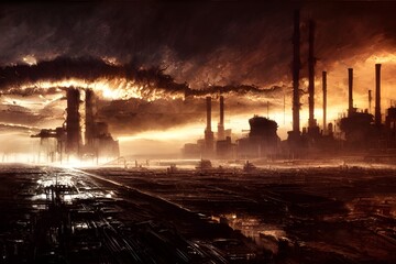 Fototapeta premium A dramatic storm over a destroyed industrial landscape. 