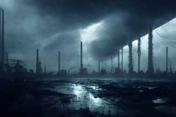 A dramatic storm over a destroyed industrial landscape. 