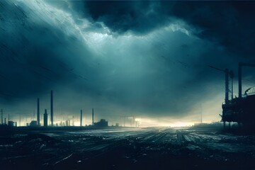 Fototapeta premium A dramatic storm over a destroyed industrial landscape. 