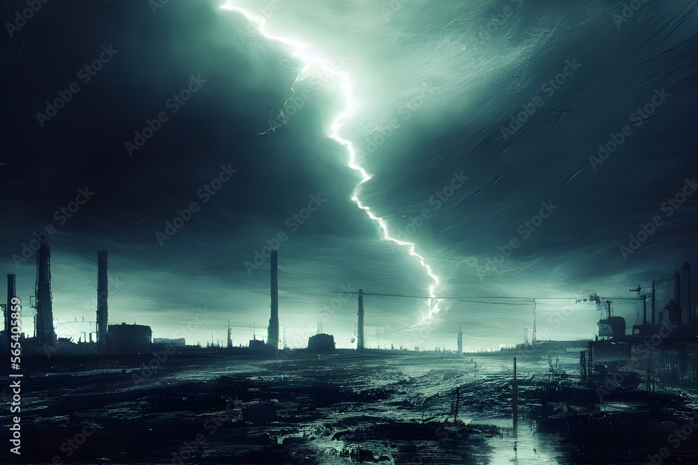 Wall mural a dramatic storm over a destroyed industrial landscape.