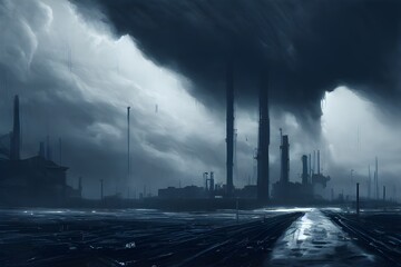 A dramatic storm over a destroyed industrial landscape. 