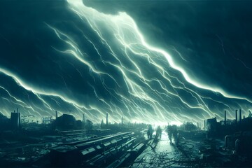 A dramatic storm over a destroyed industrial landscape. 