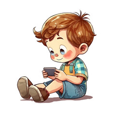 Little kid sitting and playing a games on smartphone, preschool kid.