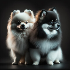 white and black-and-white spitz dogs sit next to each other close-up black background