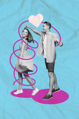 Vertical collage picture of two positive lovely partners black white gamma hold hands dancing...
