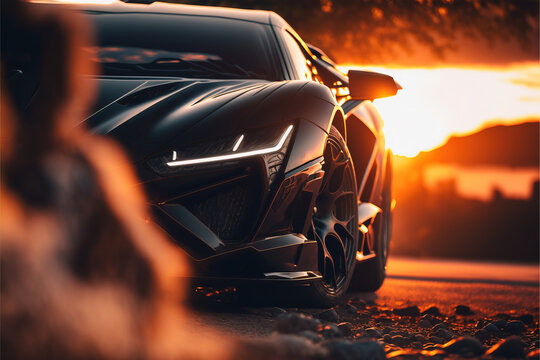 black Sports car at sunrise illustration generative ai