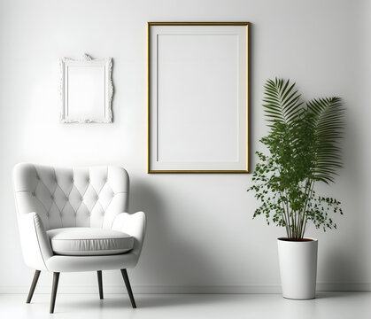 Picture frame mockup on white wall. White living room design. View of modern Boho style interior with chair. Home staging and minimalism concept.
