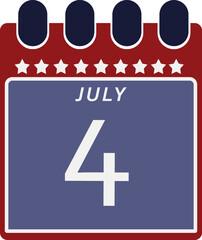 calendar displaying july 4 with american flag colors, independence day American, vector, illustration