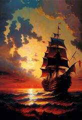 Fototapeta premium fine art pointillism Illustration pirate ship on a violent sea sunset Generative AI