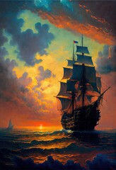 fine art pointillism Illustration pirate ship on a violent sea  sunset Generative AI