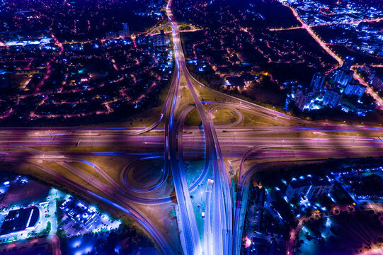 Expressway view from above. Almost empty highway road at night in Canada.