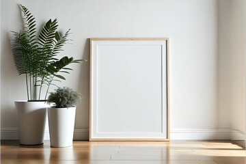 Brown photo frame mockup in the living room, interior design, minimalist, modern