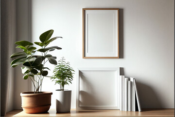 Obraz na płótnie Canvas Brown photo frame mockup in the living room, interior design, minimalist, modern