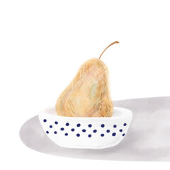 A pear in a white polka dot ceramic bowl. A haand drawn pear in white background. 