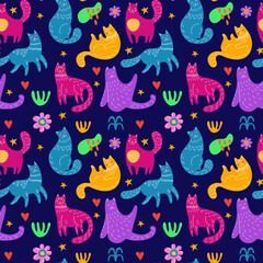 Cute cat pattern, scandinavian animals. Kids style tiger, childish hand drawing, funky art print. Decor textile, wrapping paper, wallpaper design. Vector seamless tidy illustration