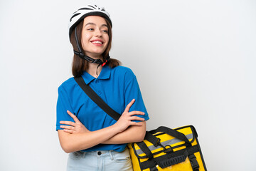 Young Ukrainian woman with thermal backpack isolated on white background happy and smiling