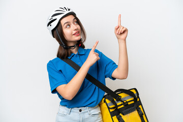 Young Ukrainian woman with thermal backpack isolated on white background pointing with the index finger a great idea