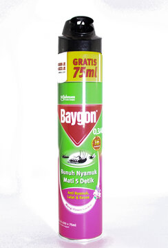 Depok, Jawa Barat, Indonesia, 27 January 2023 : Baygon is a pesticide brand,mosquito, fly and cockroach spray isolated on white background.